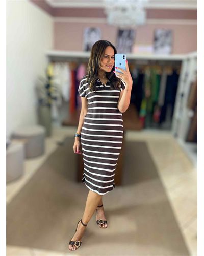 Vestido Gola Polo Listrado Marrom - ENTRE COMADRES
