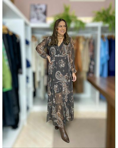 Vestido Longo Tule Estampado Marrom