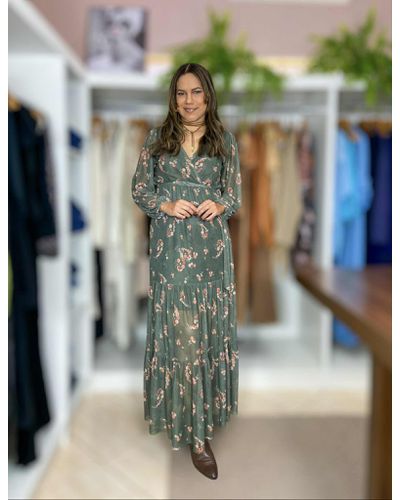 Vestido Longo Tule Estampado Verde