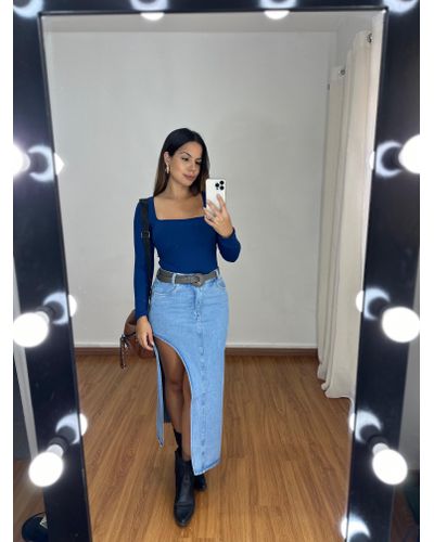 Saia Midi Jeans Fenda Arredondada