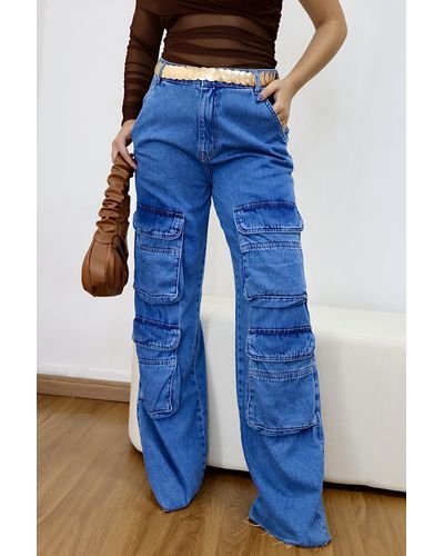 Calça Wide Leg Jeans Cargo Bolso Frontal