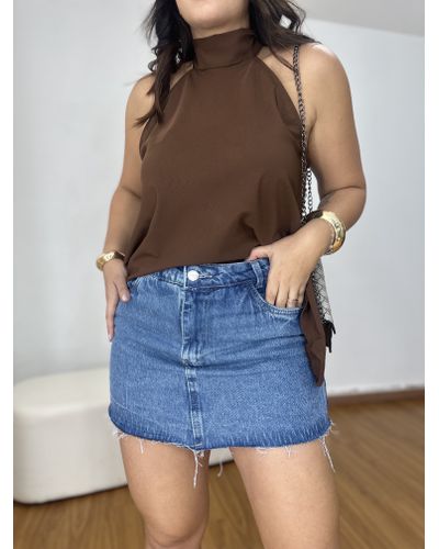 Short Saia Jeans Barra Desfiado Marmorizado