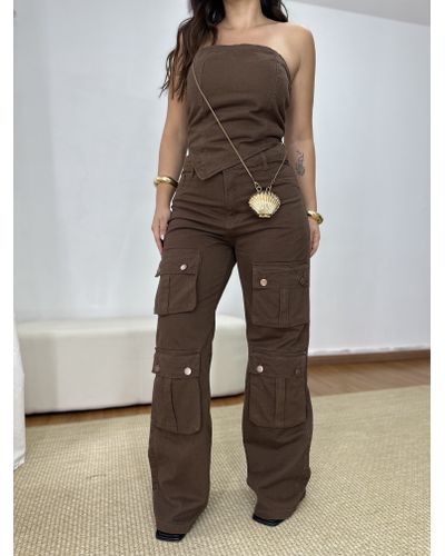 Calça Jeans Cargo Marrom Bolsos Frontais