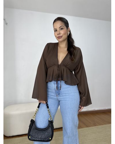 Blusa Bata Amarração Manga Ampla Marrom