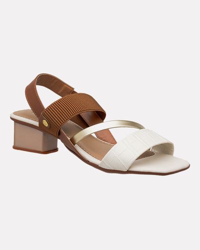 Sandália Angelônia Salto Grosso - Off White / Ouro / Caramelo - Pé Relax Calçados Confortáveis