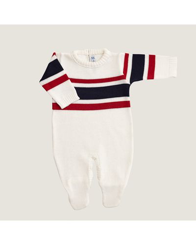 Macacão Lucas Branco com Azul Marinho e Vermelho.