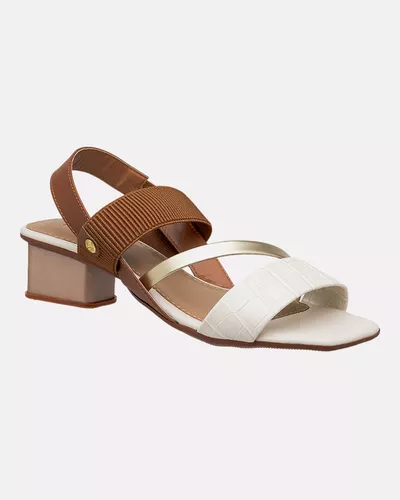 Sandália Angelônia Salto Grosso - Off White / Ouro / Caramelo - Pé Relax Calçados Confortáveis
