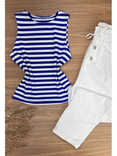 Blusa Regata Canelada Com Listras Azul Escuro com Branco