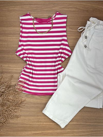 Blusa Regata Canelada Com Listras Pink