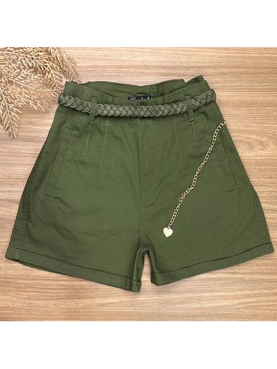 Short Sarja Cenoura Cinto Trançando Corrente Verde Militar