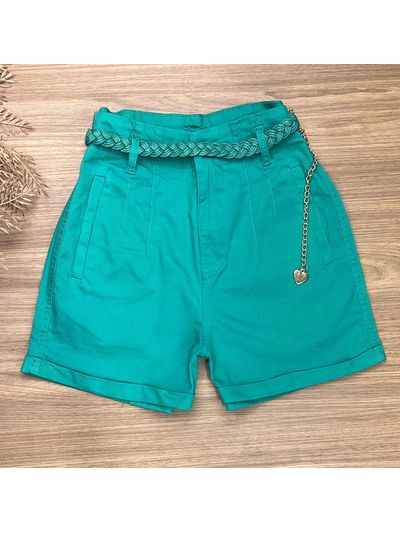 Short Sarja Cenoura Cinto Trançando Corrente Verde Água