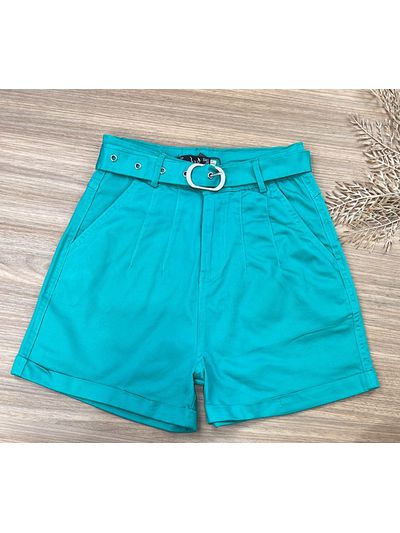 Short Sarja Cenoura Cinto Fivela Verde Água