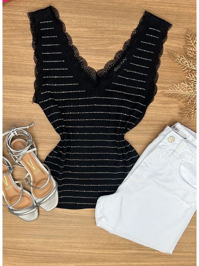 Blusa Regata Strass e Renda Preta