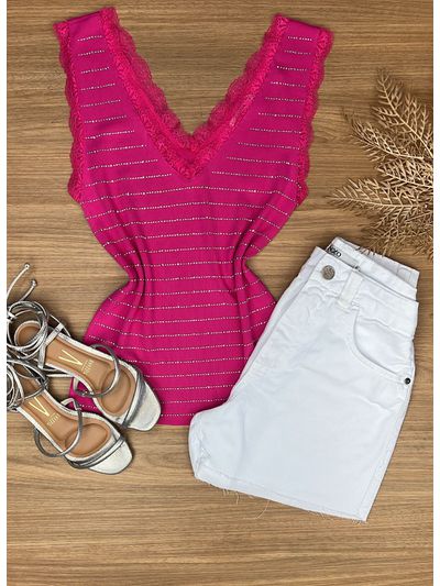 Blusa Regata Strass e Renda Pink