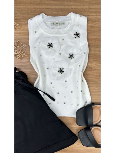 Blusa Tricô Modal Flores Branca