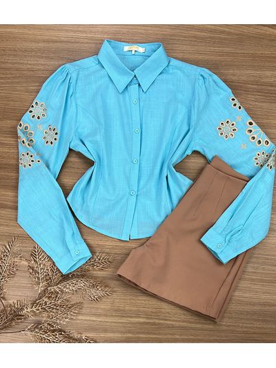 Camisa Manga Bordada Azul