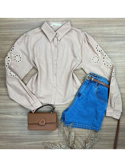 Camisa Manga Bordada Bege
