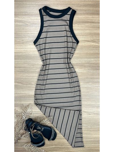 Vestido mid canelado com listras 