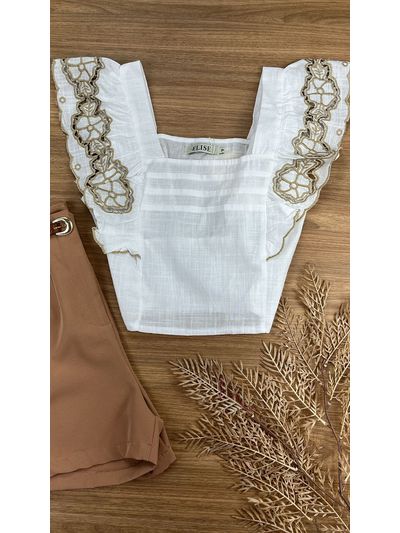Crooped de manga bordada Branco
