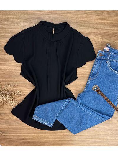 Blusa Manga Curta Crepe Preta