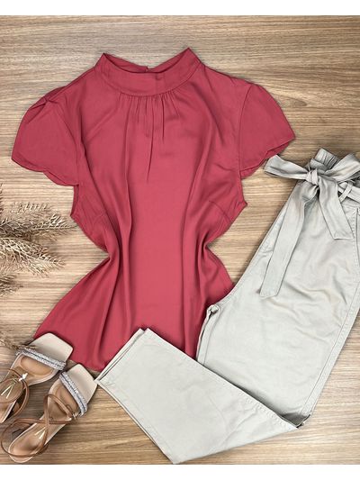 Blusa Manga Curta Crepe Coral