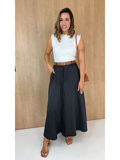 Saia Midi Risca De Giz Preta