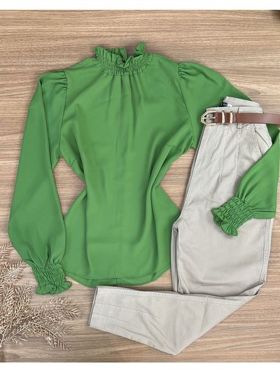 Blusa Manga Longa Gola Alta de Lastex Verde