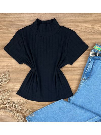 Blusa Canelada Max Croped Gola Alta Preta