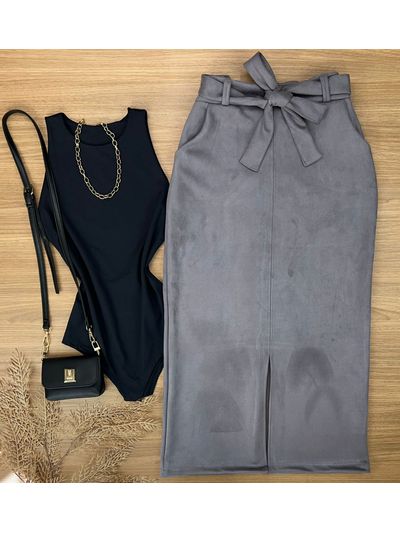 Saia Midi Suede Cinza