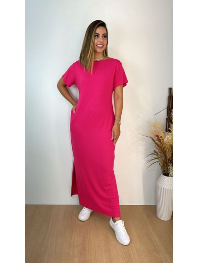 Vestido Longo Malha Manga Curta Pink