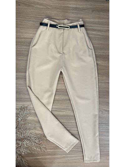 Calça Alfaiataria com Cinto Bege Claro