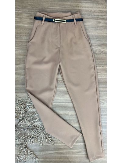 Calça Alfaiataria com Cinto Bege Escuro