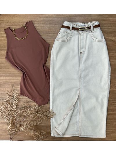 Saia Midi Off White com Cinto