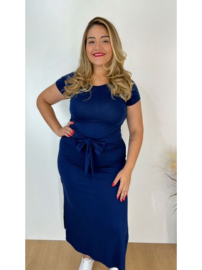 Vestido Malha com Amarração Azul Marinho