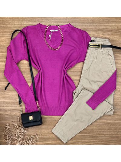 Blusa Trico Sueter Fucsia Gola V LOJA ANDRESSA FREITAS
