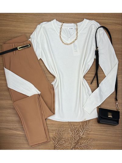 Blusa Tricô Sueter Branco Gola V 