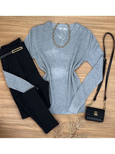 Blusa Tricô Sueter Cinza Gola V