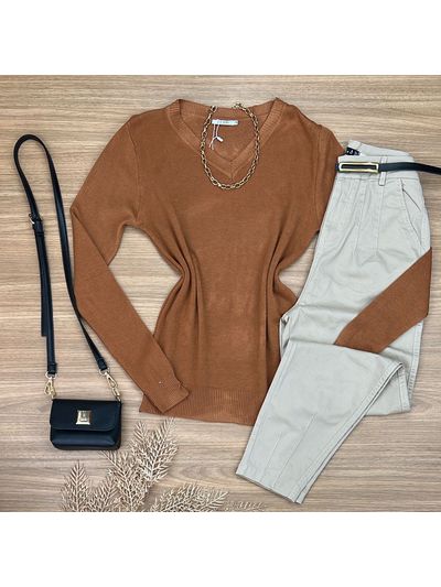 Blusa Tricô Sueter Caramelo Gola V 