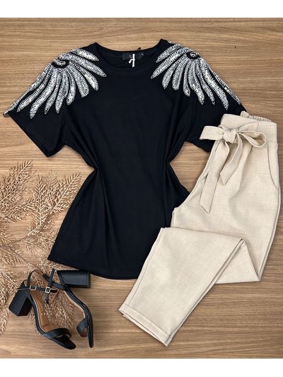 Blusa T-Shirt Luxo Bordada Preta