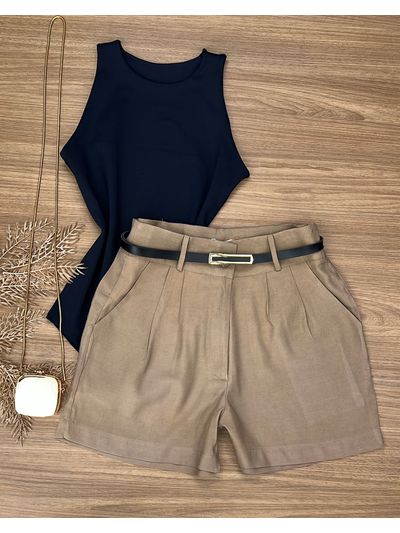 Short Alfaiataria Com Cinto Caqui