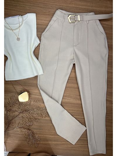 Calça Alfaiataria com Cinto Bege