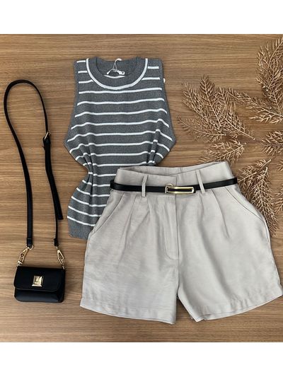 Blusa Modal Regata Cinza com Listras Brancas