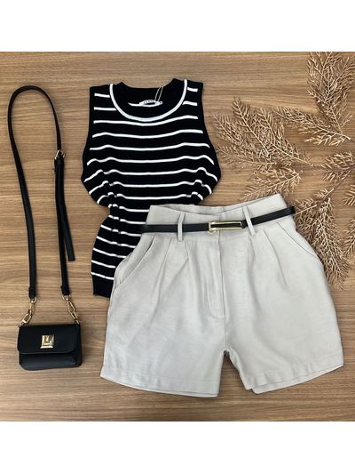 Blusa Modal Regata Preta com Listras Brancas