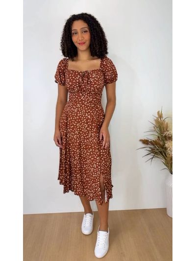 Vestido Midi Estampado Corset Marrom
