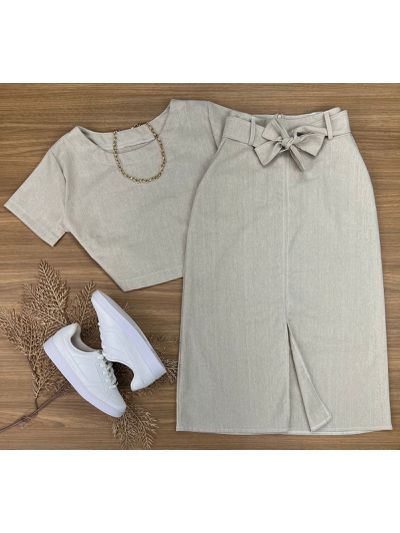 Conjunto Linho Saia Midi Cru