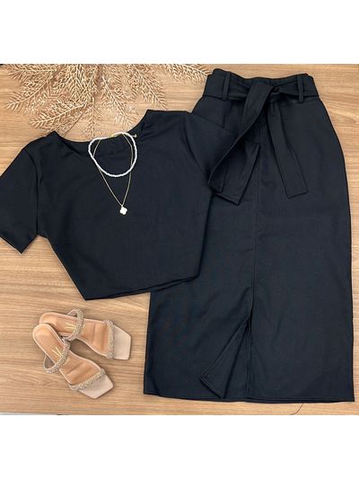 Conjunto Linho Saia Midi Preto