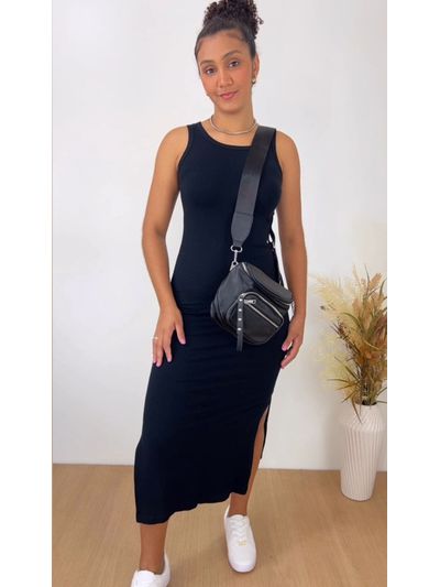 Vestido Mid Canelado Preto