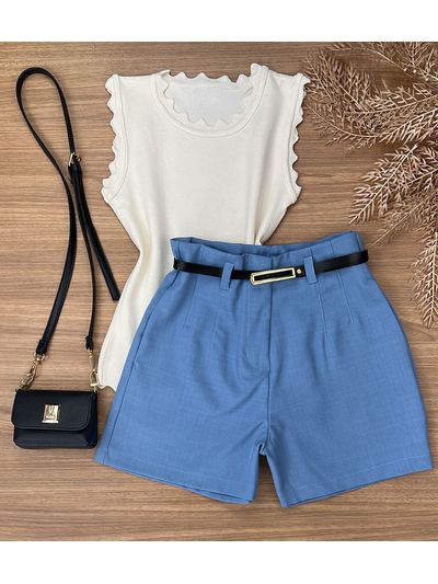 Short Alfaiataria Com Cinto Azul