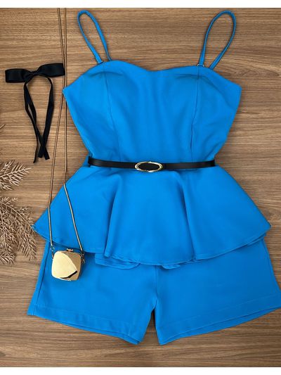 Conjunto Alfaiataria Blusa Peplum e Short Azul com Cinto 