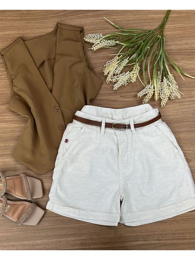 Short Com Cinto Linho Cru